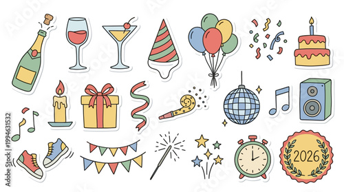 New Year's Eve party icons celebration symbols festive elements 2026 party decorations holiday objects and joyful accessories for merry making and countdown celebrations. Element Set Element Bundle
