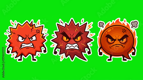 Three Angry Cartoon Characters with Fiery Expressions on Green Background.
