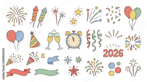 New Year celebration icons set including fireworks party hats champagne noisemaker and clock striking midnight symbolizing joy and festivity in the year 2026 with colorful decorations. Element Set Ele