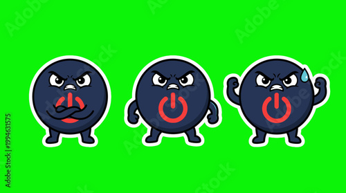 Three Angry Cartoon Characters with Power Button Symbols.