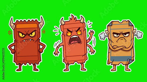 Three Angry Cartoon Characters with Horns and Furious Expressions.