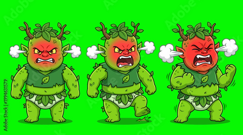 Three Angry Cartoon Characters with Green Skin and Red Faces.
