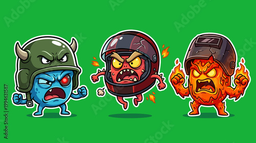 Three Angry Cartoon Characters with Helmets and Fiery Expressions.