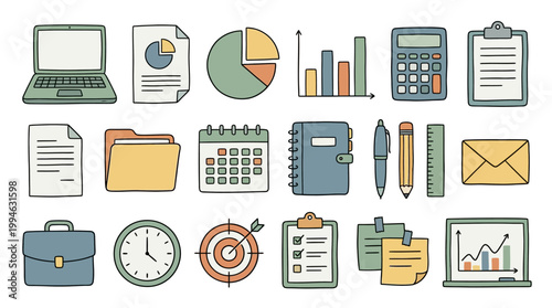 Collection of business and office supplies icons for productivity and management including symbols for communication organization and finance tools Element Set Element Bundle