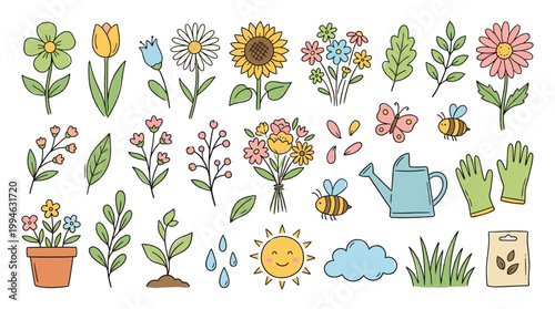 Garden elements collection with flowers gardening tools insects and sun on soft color palette for nursery decoration ideas Element Set Element Bundle