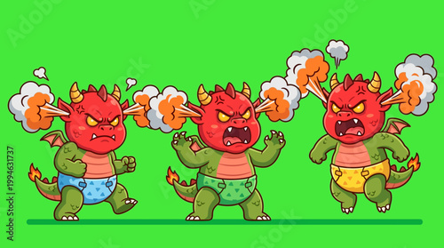 Three Angry Cartoon Dragons with Steam Erupting from Their Heads.