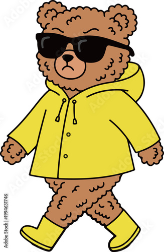 Bear in Yellow Raincoat and Sunglasses