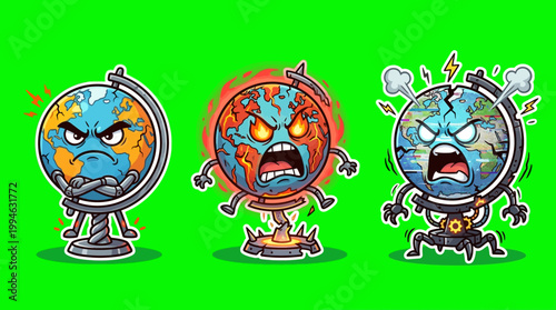 Three Angry Cartoon Earth Globes Depicting Climate Change Issues.