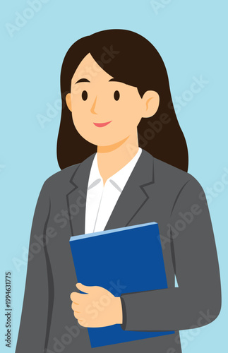 Confident Business Woman Character Holding Blue Folder for Corporate Concept
