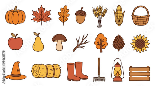 Autumn harvest icons set including pumpkin leaves acorn basket fruits tools and seasonal items in warm orange tones for Thanksgiving decoration or fall festival design Element Set Element Bundle