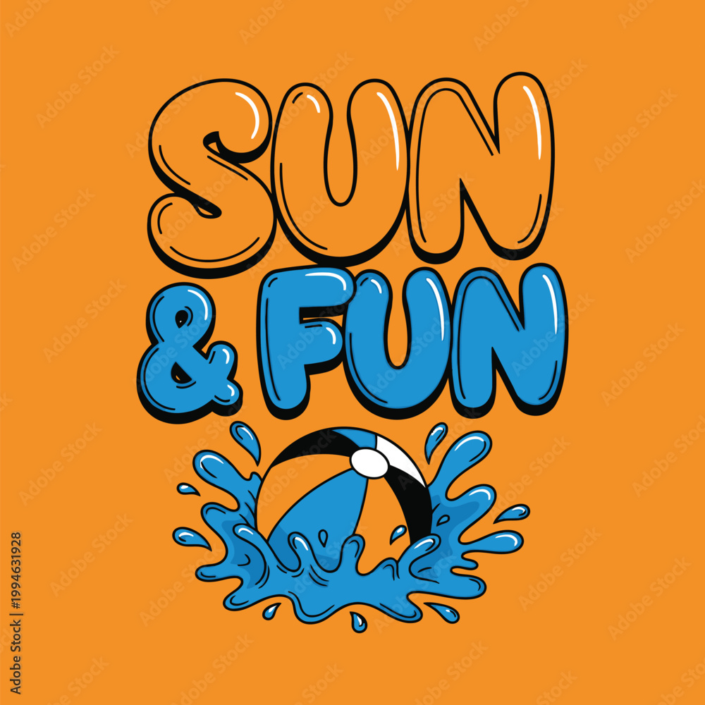 Obraz premium Vibrant summer graphic with beach ball and water splashes on orange background design