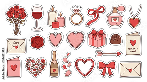 Valentine's Day symbols collection including hearts love letters gifts wine jewelry and romantic icons for Valentine's Day celebration and festive decoration ideas. Element Set Element Bundle