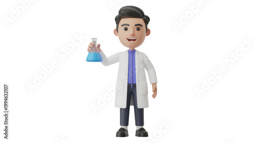 Cartoon scientist in lab coat holding blue liquid in beaker isolated on transparent background