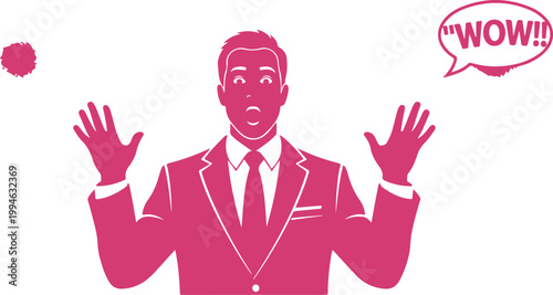 Surprised business professional with arms outstretched expressing amazement and excitement in corporate setting