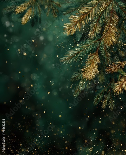 Close up of lush green pine needles adorned with shimmering golden glitter and soft bokeh lights creating a festive and magical winter holiday atmosphere