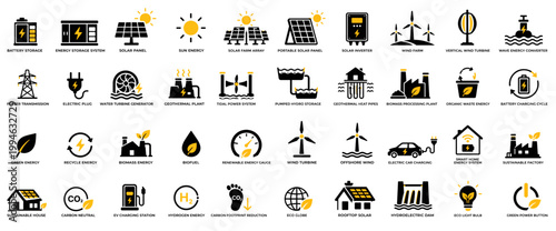 Black and yellow renewable energy icon set with solar, wind and sustainable power symbols, Concept of clean energy, green technology and environmental sustainability