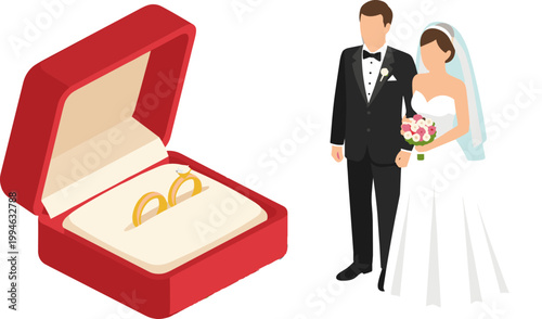 Wedding Couple Bride and Groom with Gold Rings in Open Jewelry Box Romantic Marriage Ceremony Vector Illustration for Invitation Card Design
