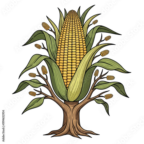 Corn Tree Illustration: Abundant Harvest Growth and Agriculture Concept
