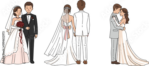 Wedding Couple Vector Illustration Set with Bride and Groom in Romantic Poses, Marriage Ceremony Scenes, Elegant Bridal Dress and Formal Suit Design