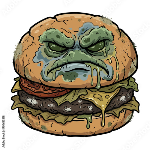 Angry Rotten Burger with Moldy Food Ingredients Illustration