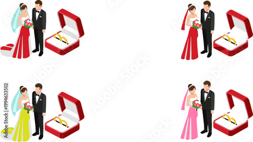 Wedding Ring Proposal Vector Set with Bride and Groom Couples, Engagement Box, Romantic Marriage Scene and Love Celebration Illustration Design