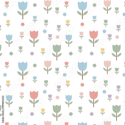Seamless Pastel Tulip Pattern with Polka Dots