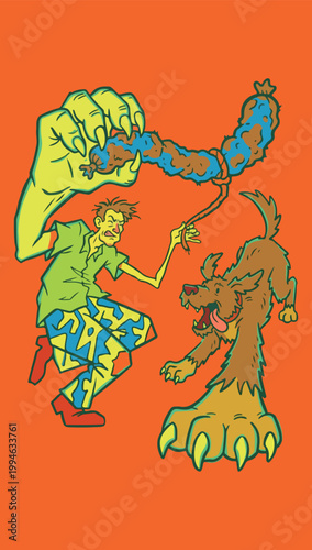 Cartoon Man and Dog Chasing Sausage