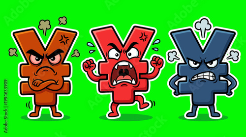 Three Angry Yen Currency Symbols with Furious Expressions.
