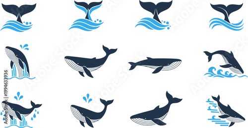 Whale Icon Set Collection with Different Whale Poses Ocean Waves Splash Marine Life Silhouette Vector Illustration for Logo Design and Branding