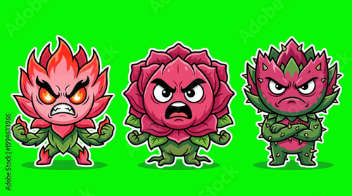 Three Cartoon Angry Flowers with Fiery Expressions on Green Background.