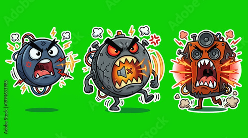 Three Cartoon Bomb Characters with Angry Facial Expressions on Green Background.