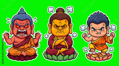 Three Cartoon Buddhas Expressing Anger and Frustration on Green Background.