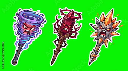 Three Cartoon Magic Wands with Angry Faces on Green Background.