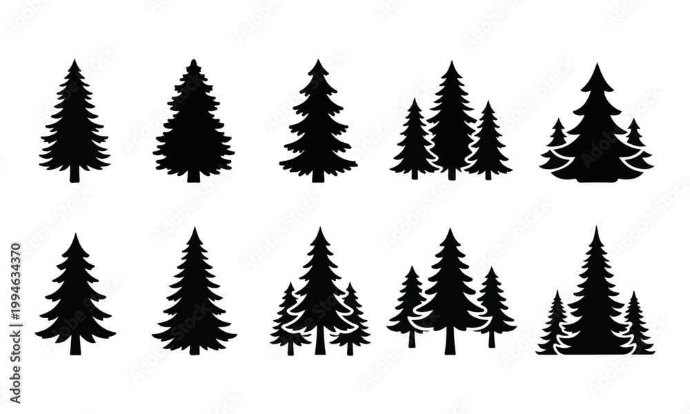 Fototapeta premium Set of Black Pine Tree and Christmas Tree Silhouette Vector Icons