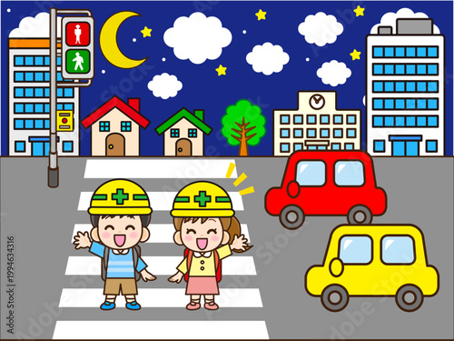 夜の横断歩道を渡る小学生のイラスト素材2