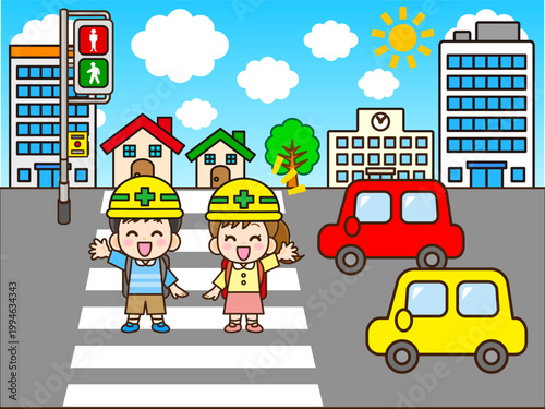 朝の横断歩道を渡る小学生のイラスト素材2