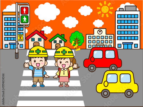 夕方の横断歩道を渡る小学生のイラスト素材