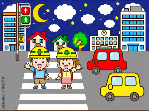 夜の横断歩道を渡る小学生のイラスト素材
