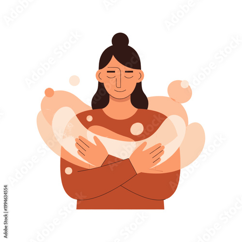 Young woman hugging herself with eyes closed, embracing self-love and inner peace with a warm, comforting aura.