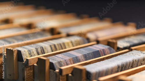 Geological core samples in wooden trays