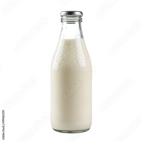 A clear glass bottle filled with fresh white milk and sealed with a metal cap, isolated on a white background