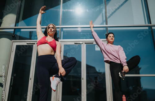 Obraz na plátně Two women perform standing balance yoga poses while holding one knee and raising an arm