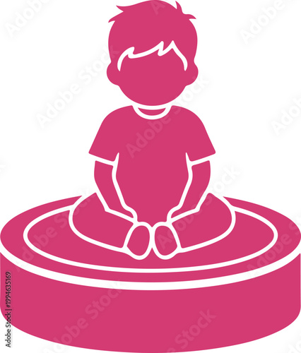 Cute toddler sitting on colorful potty training seat with hands clasped together