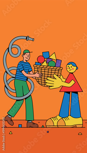 Cartoon Figures with Basket of Shapes