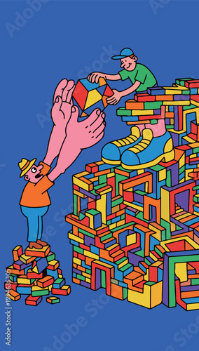 Cartoon Men Building with Colorful Blocks