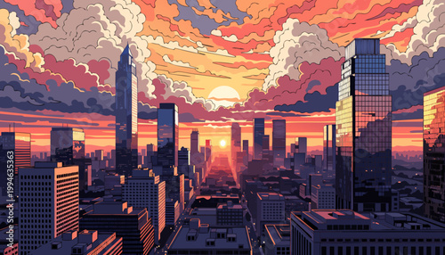 Vibrant Sunset Over Modern Metropolis Skyline Vector Illustration