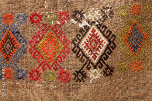Fotografija Hand-woven antique wool rug. Turkish rug.