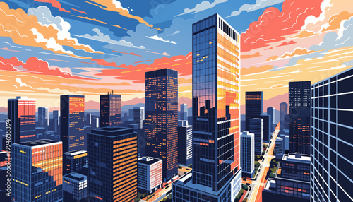 Vibrant Los Angeles city skyline at sunset digital illustration