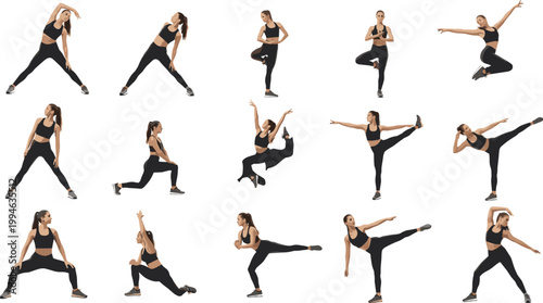 Woman Fitness Exercise Set with Various Workout Poses Including Stretching Jumping Squats Lunges and Kicks for Training and Active Lifestyle Illustration