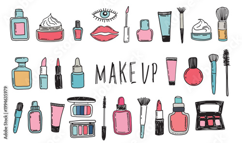 Beauty cosmetics and make up doodle icons. Hand drawn vector fashion sketch.	
